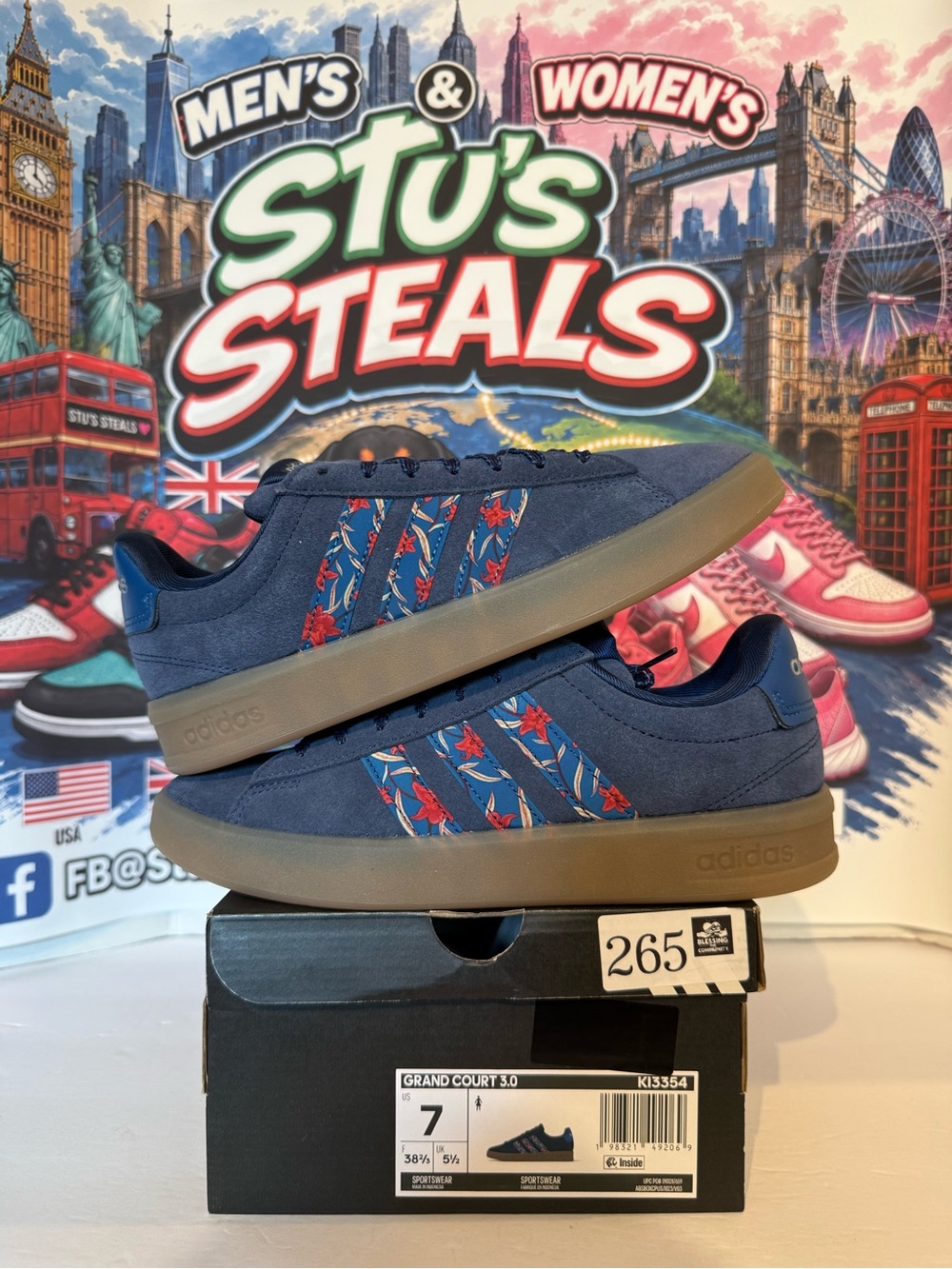 Adidas Grand Court 3.0 Navy Suede Sneakers with Floral Stripes